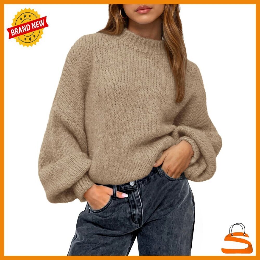Oversized Lantern Sleeve Pullover Sweater, Soft Ribbed Knit, Winter Casual